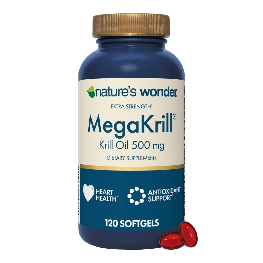 Wonder Mega Krill Extra Strength Krill Oil 500mg con Omega 3 Phospholipids y Astaxanthin, apoya la salud del corazón, 120 Day Supply of Softgels