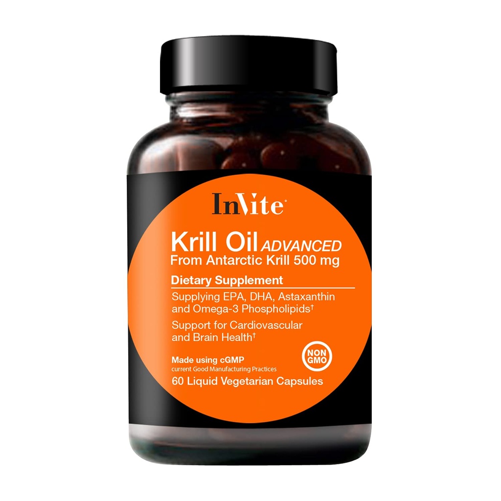Invitar Aceite de Krill Salud Avanzado - Asistencias Salud Cardiovascular y Cerebro - Suministros EPA, DHA, Astaxanthin y Omega-3 Phospholipids - 60 cápsulas