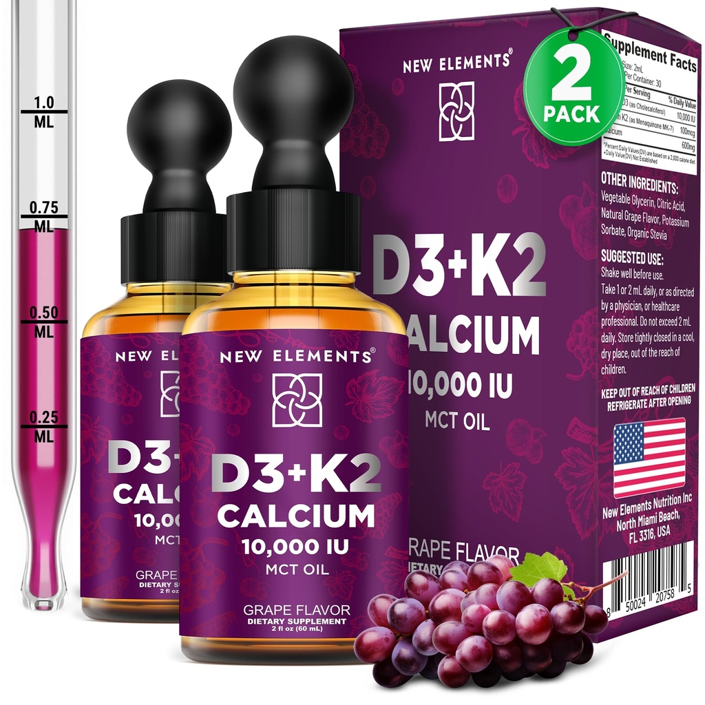 New Elements [2 𝐏𝐚𝐜𝐤] Liquid Vitamin D3 K2 Drops with Calcium for Adults | Vitamin D3 10,000 IU | D3 K2 with Calcium for Bone Health & Immunity Support | Joint Health Supplement | Non-GMO | Vegan