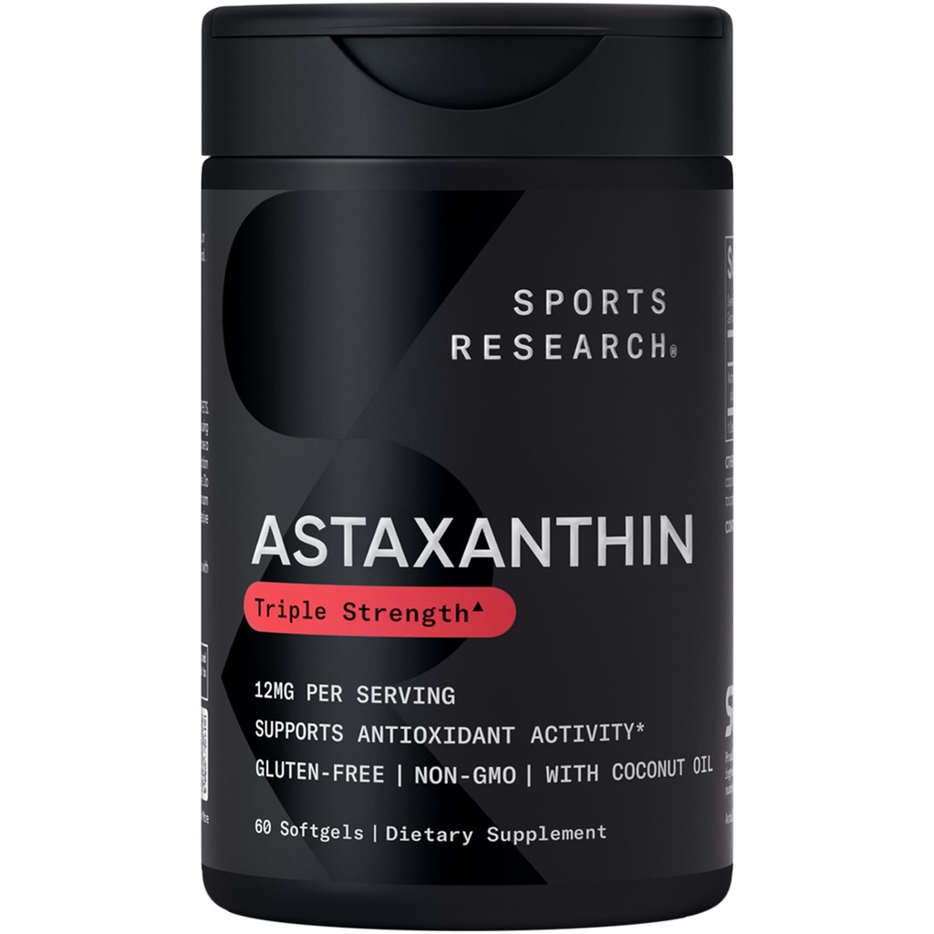 Sports Research® Triple Strength Astaxanthin 12mg w/Organic Coconut Oil - Suplemento Antioxidante para Skin &amp; Eye Health Support* - Soy Free · No GMO · Gluten Free - 60 Softgels