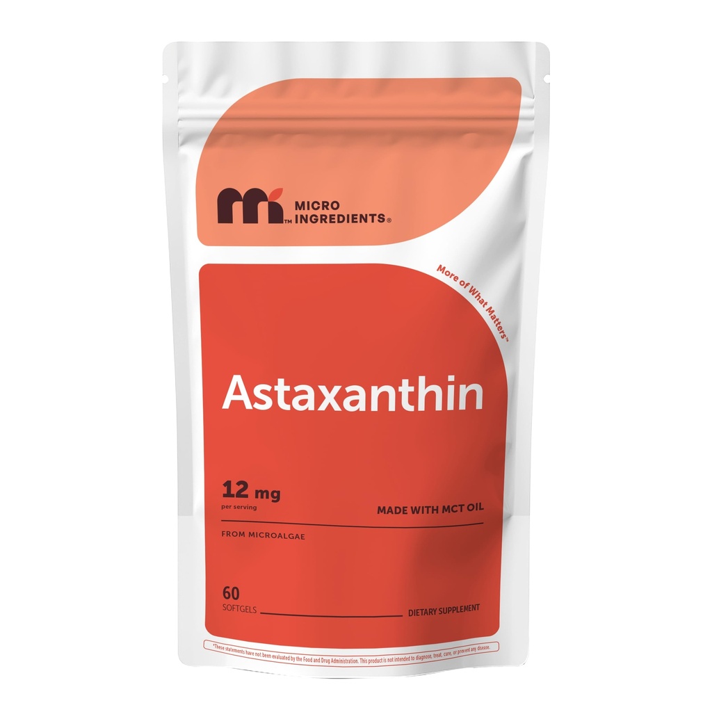Micro Ingredientes Astaxanthin 12mg con MCT Oil, 60 Softgels  Fuente de microalgas frescas ← Triple fuerza, Fácil de absorber, No GMO, Libre de gluten, Soy Free