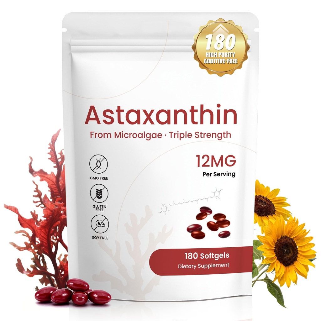 Suplementos de Astaxanthin 12mg, 180 Softgels, 6 Mes de Suministro Silencio Antioxidante natural de Microalgas frescas 