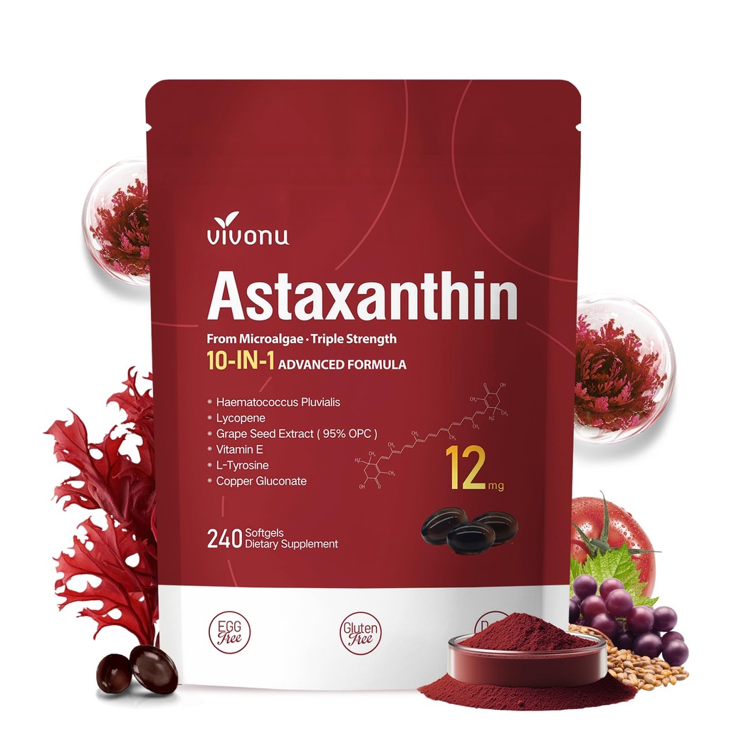 10 in 1 Astaxanthin 12mg Supplements, 4 Month Supply, Astaxantina Antioxidant from Fresh Haematococcus Pluvialis, Contains Lycopene, Grape Seed, Vitamin E, & More Supports Eye, Joints, Skin Health