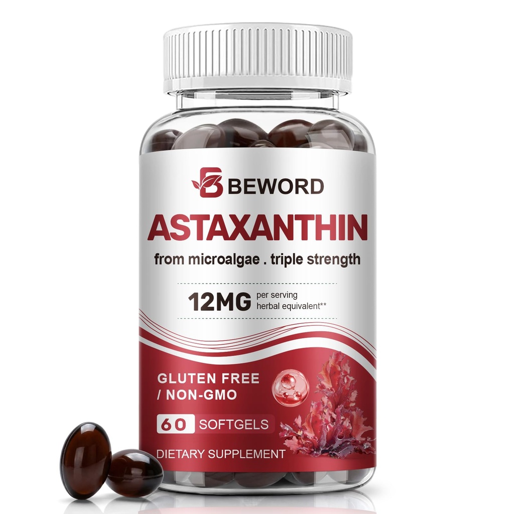 BEWORD Astaxanthin 12mg with MCT Oil, 60/120 Softgels 2-Month Supply ← Premium Antioxidant Supplements ← Natural Microalgae, Triple Strength ← Soporta Skin & Eye Health ← Non-GMO, Gluten &amp; Soy-Free