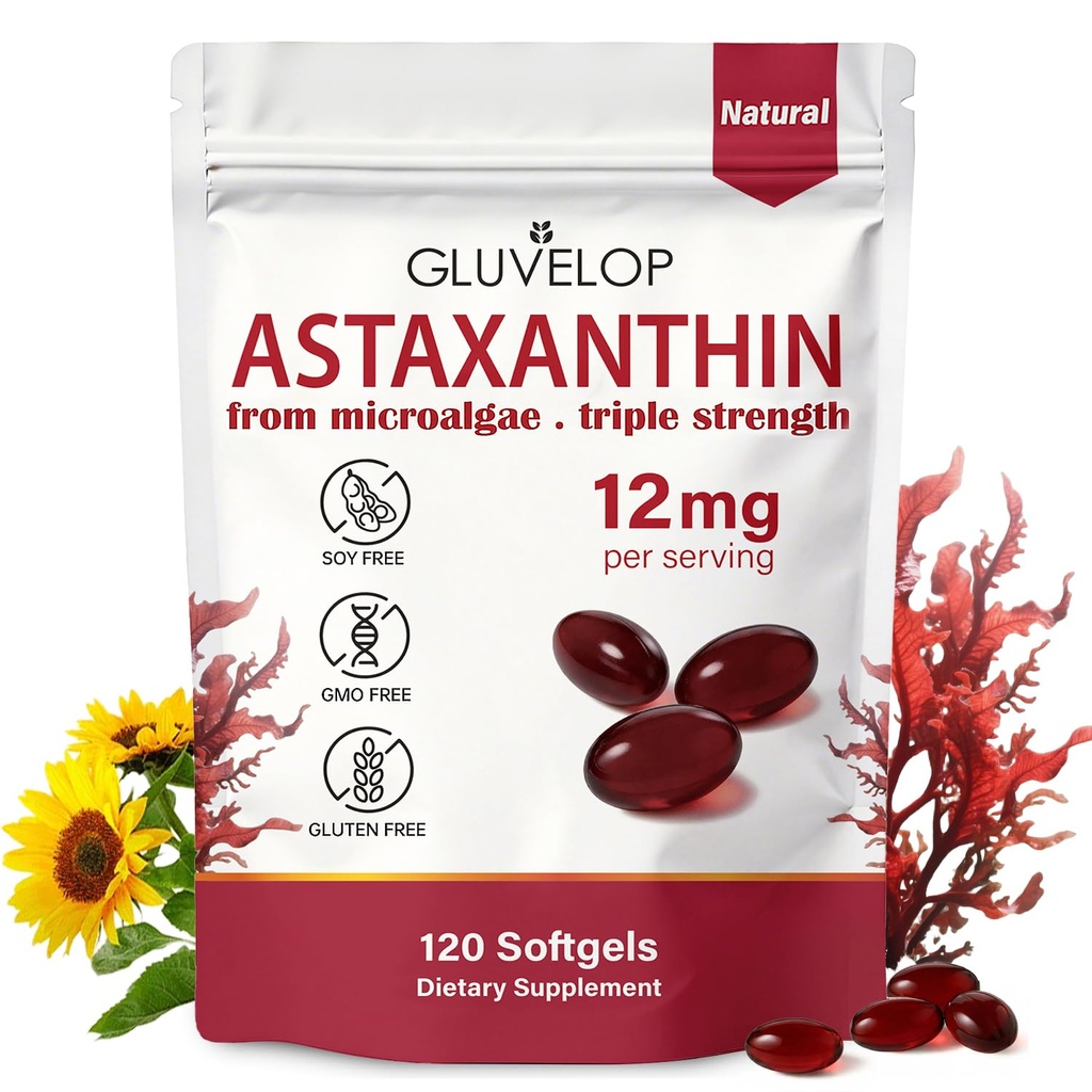Astaxanthin 12mg, Premium Astaxanthin Antioxidant Suplementos, soporta el ojo, la piel, la inmune, la circulación interna, la fuente de microalgas frescas, triple fuerza, no GMO, 4 meses de suministro, 120 Softgels