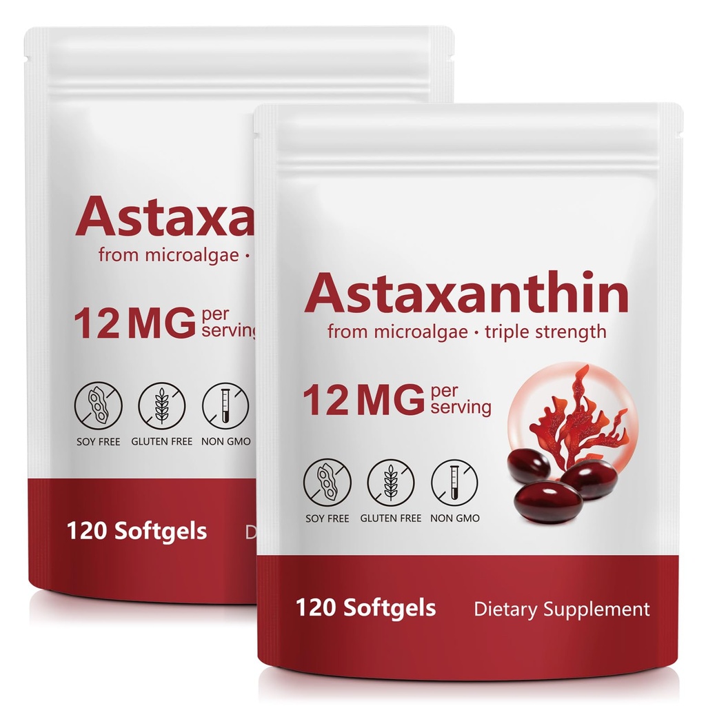 ITSDAWN Astaxanthin 12mg 2 Pack, suplemento antioxidante para el ojo, soporte de piel, fuente de microalgas naturales, 240 Softgels