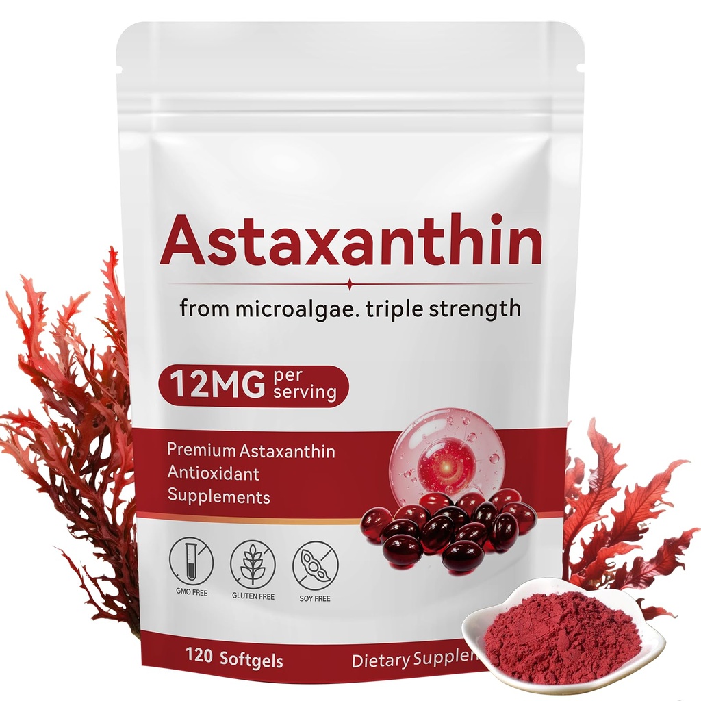 Astaxanthin 12mg, 120 Softgels, Premium Astaxanthin Antioxidant Suplementos con Actividad Antioxidante, Soporta Ojo, Salud de la piel, Inmune, Circulación Interna