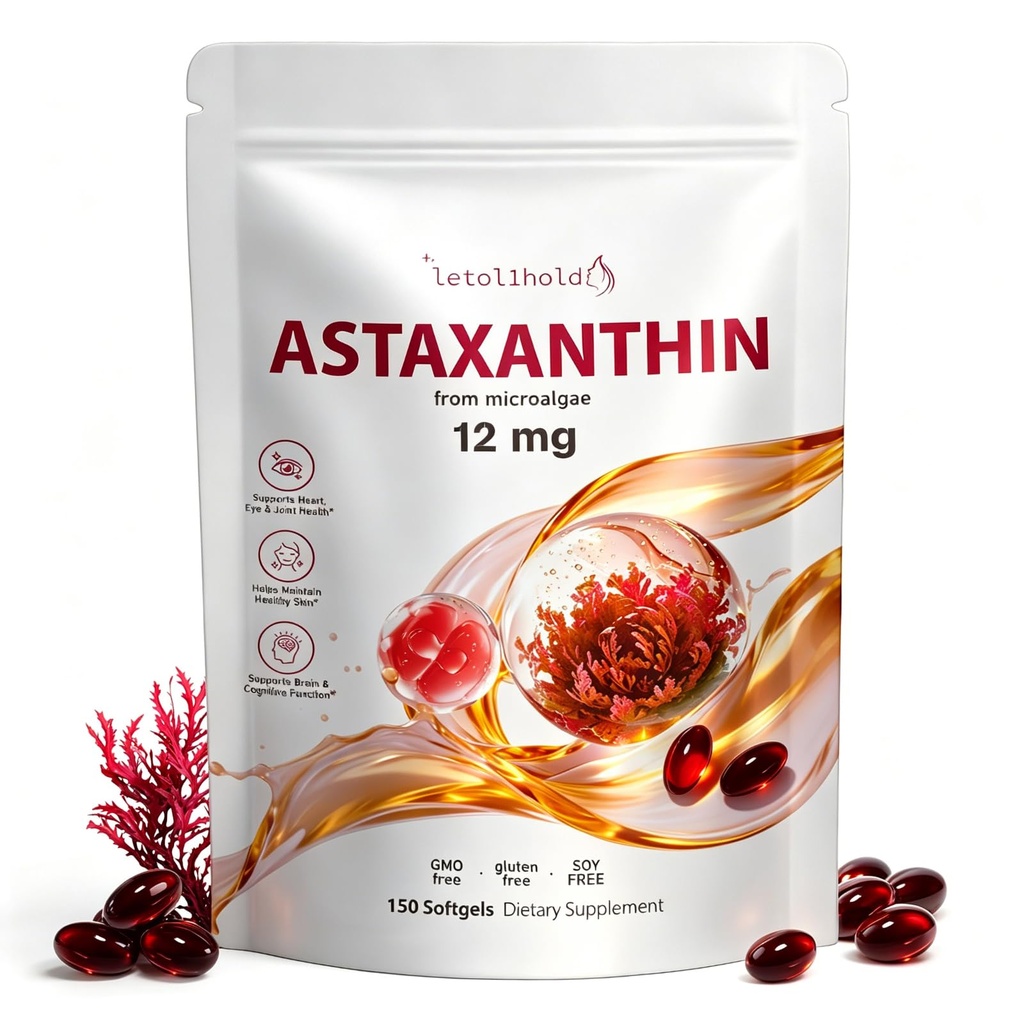 Astaxanthin 12mg, 150 Softgels - 5 meses de suministro, suplementos de astaxanthin provenientes de microalgas frescas, no transgénicos, sin gluten, fácil de absorber