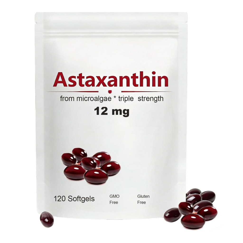 Astaxanthin 12mg, 120 Softgels, Max Strength Antioxidant con aceite de coco, Fórmula natural, alta absorción para el soporte de piel de ojo, Fórmula natural, no GMO, Gluten Free