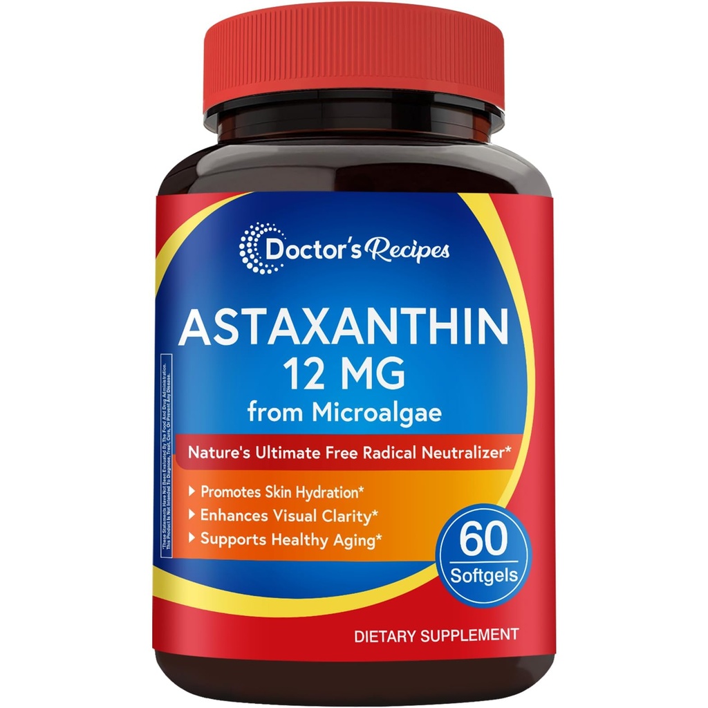 Recetas del médico Astaxanthin 12 mg, de Microalgas Premium Fresco, Max Strength, No Gluten, No GMO, soporta la piel, el ojo, el hueso &amp; el sistema de salud, 60 Softgels