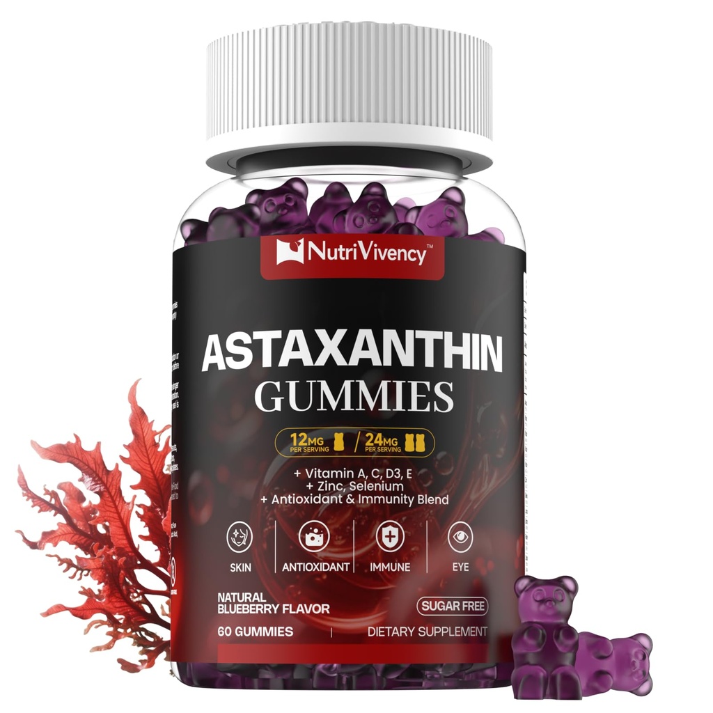 Astaxanthin Gummies, 12mg Por Gummy 24mg Max, Astaxanthin Suplementos con vitamina A/C/D/E, Resveratrol, 14-IN-1 Antioxidantes Blend for Women Men, Skin, Eyes, Immune Support, Sugar Free, Vegan, 60 Ct