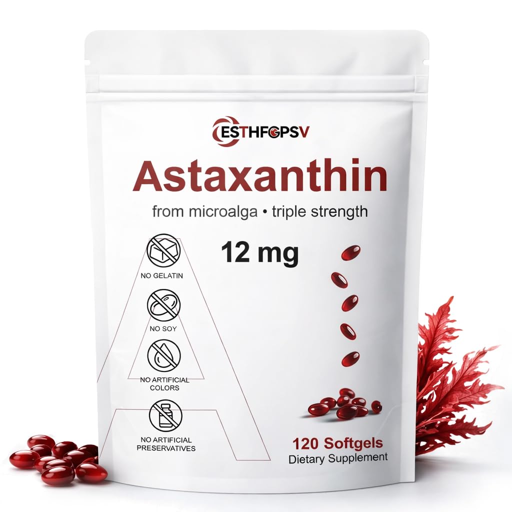 Premium Astaxanthin 12 mg Suplemento Antioxidante con vitamina E – 120 Softgels, 4 meses de suministro, fuente de microalgas, soporta la piel, el ojo " salud conjunta, no GMO, gluten " Soy Free