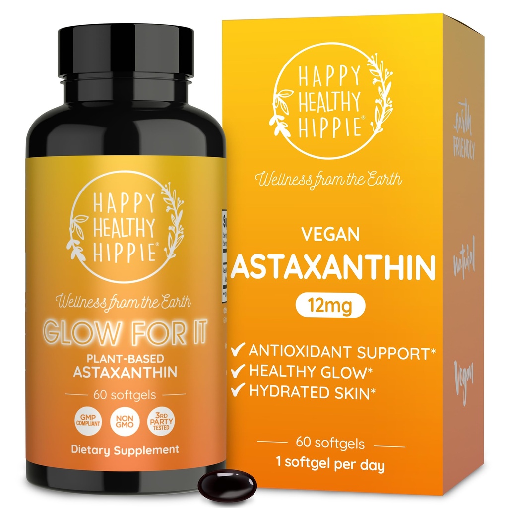 Astaxanthin Suplemento 12mg ← Antioxidante basado en plantas para la hidratación de la piel, elasticidad " Radiant Glow  From Algae Extract ← Non-GMO, Vegan, Made in USA ← 2 Month Supply, 60 Softgels