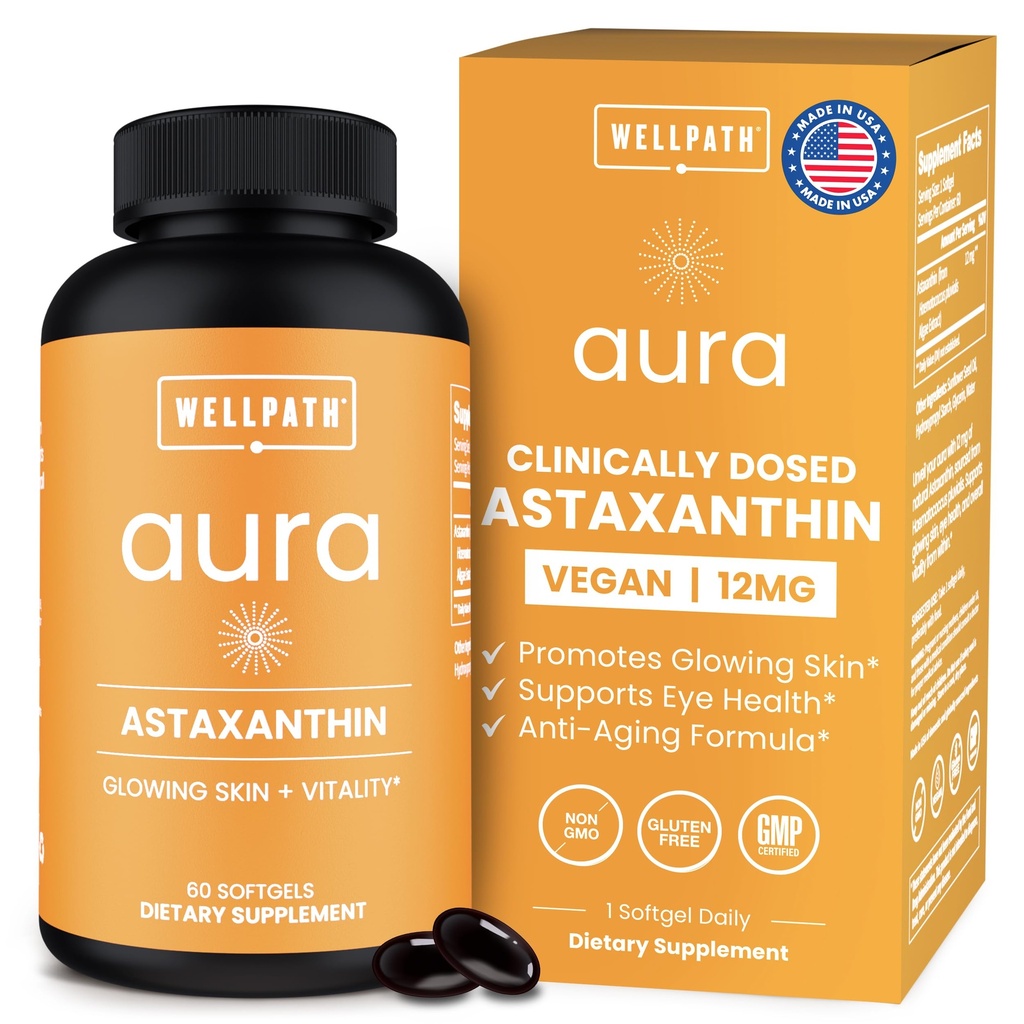 WellPath Astaxanthin 12mg Softgets ← Vegan Astaxanthin Suplementos de Microalgae ← Antioxidantes para la hidratación de la piel, elasticidad y la salud de los ojos.
