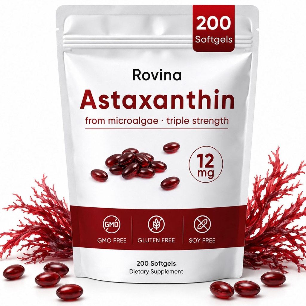 ROVINA Astaxanthin 12mg Softgels, Suplemento Antioxidante Soporta Ojo, Esquía, Inmune, Conjunto, Circulación Interna, No GMO &amp; Gluten Gratis - 200 Softgels