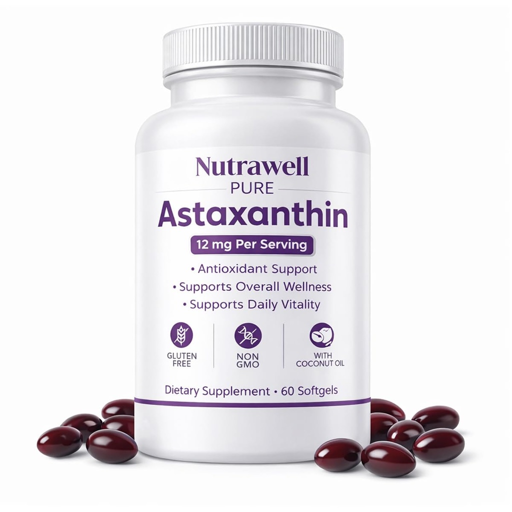 IRMI Nutrawell Astaxanthin 12 mg Softgels, Premium Natural Astaxanthin TEN Gluten-Free, Non-GMO TEN Daily Eye & Skin Support, 60 geles suaves