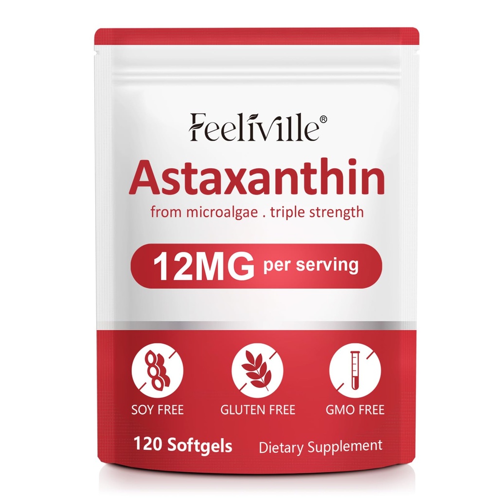 Suplementos Premium de Astaxanthin 12mg 120 Softgels, Astaxanthin Suplemento Antioxidante para el ojo, la piel, la unión, el cerebro, la fuente de microalgas frescas para la salud del sistema inmunitario