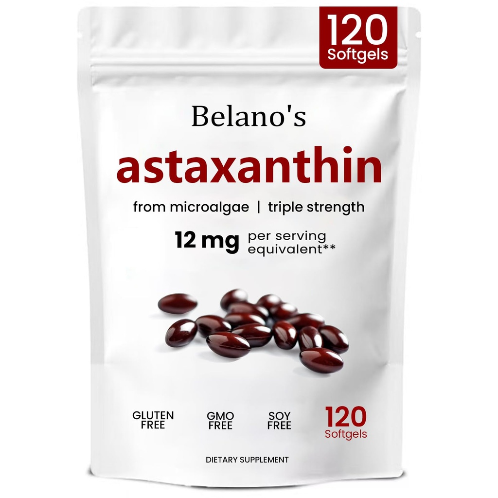 Astaxanthin 12mg de Belano, Astaxanthin Softgels, Premium Astaxanthin Antioxidante Suplemento Silencioso Health & Energy Support, Non-GMO, Vegan- Friendly & Gluten-Free - 120 Softgels (1 Bolsa)