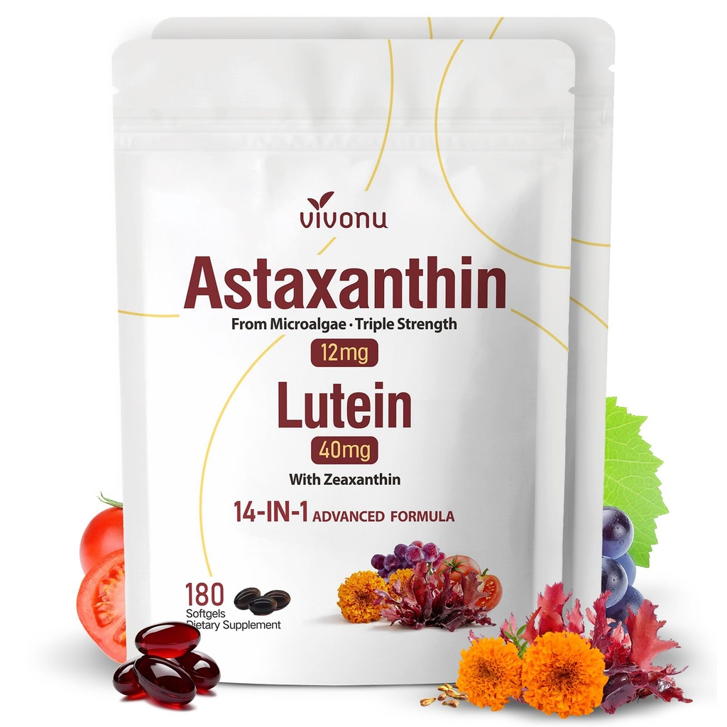 14-in-1 Astaxanthin 12mg " Lutein 40mg con suplementos de Zeaxanthin, fuente de 12 meses, fuente de microalgas frescas, soporta ojo, piel, antioxidante, articulación, salud circular, no GMO, sin gluten, 2 bolsa