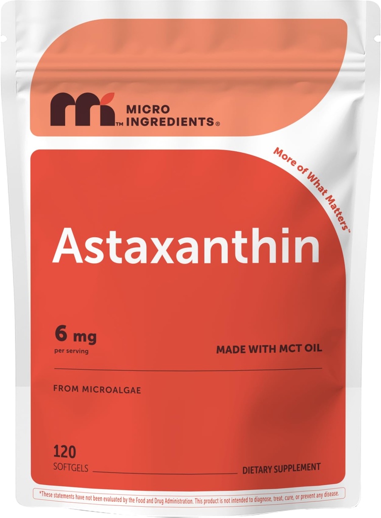Micro Ingredients Astaxanthin 6mg with MCT Oil, 120 Softgels | Premium Astaxanthin Antioxidant Supplements* | Fresh Microalgae Source | Triple Strength, Non-GMO, Gluten Free, No Soy