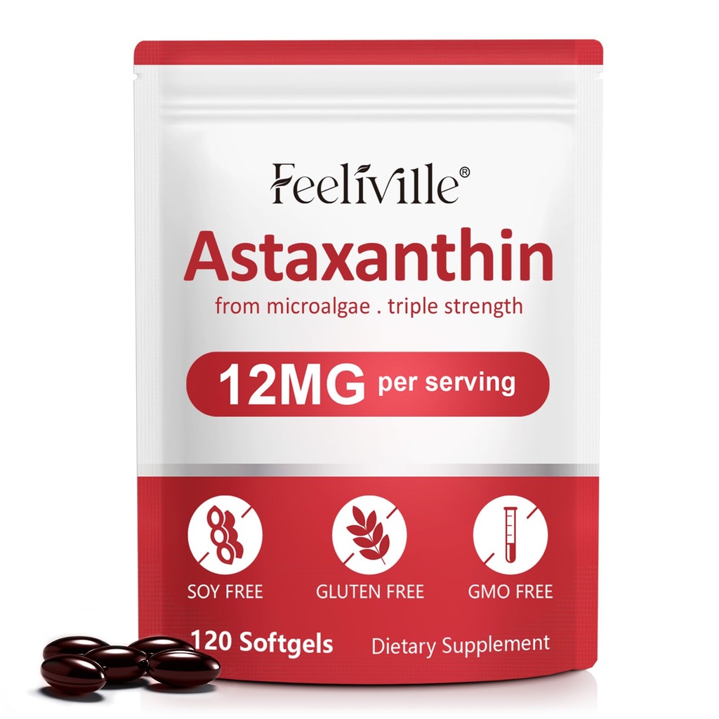Suplementos de Astaxanthin, Astaxanthin 12mg, 120 Softgels Antioxidante Astaxantina Suplemento para el ojo, la piel, la salud conjunta, apoya la circulación interna " Salud del corazón, no GMO " No Gluten