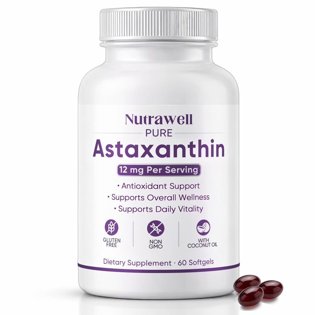 NutraWell Astaxanthin 12mg, con aceite de coco, suplemento de soporte antioxidante, no GMO, libre de gluten, 60 Softgels