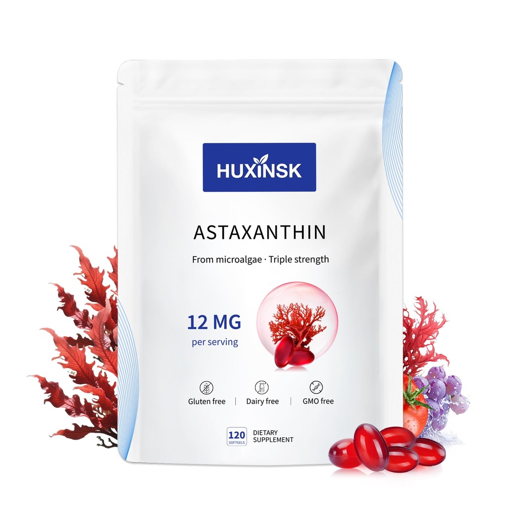 Astaxanthin 12mg Suplementos, 120 Softgel, Max Strength Astaxanthin Suplementos Antioxidantes Forma Microalgas frescas, 4 meses de suministro, soporta el ojo, la piel, articulación, cerebro, corazón &amp; sistema de salud, 1 bolsa