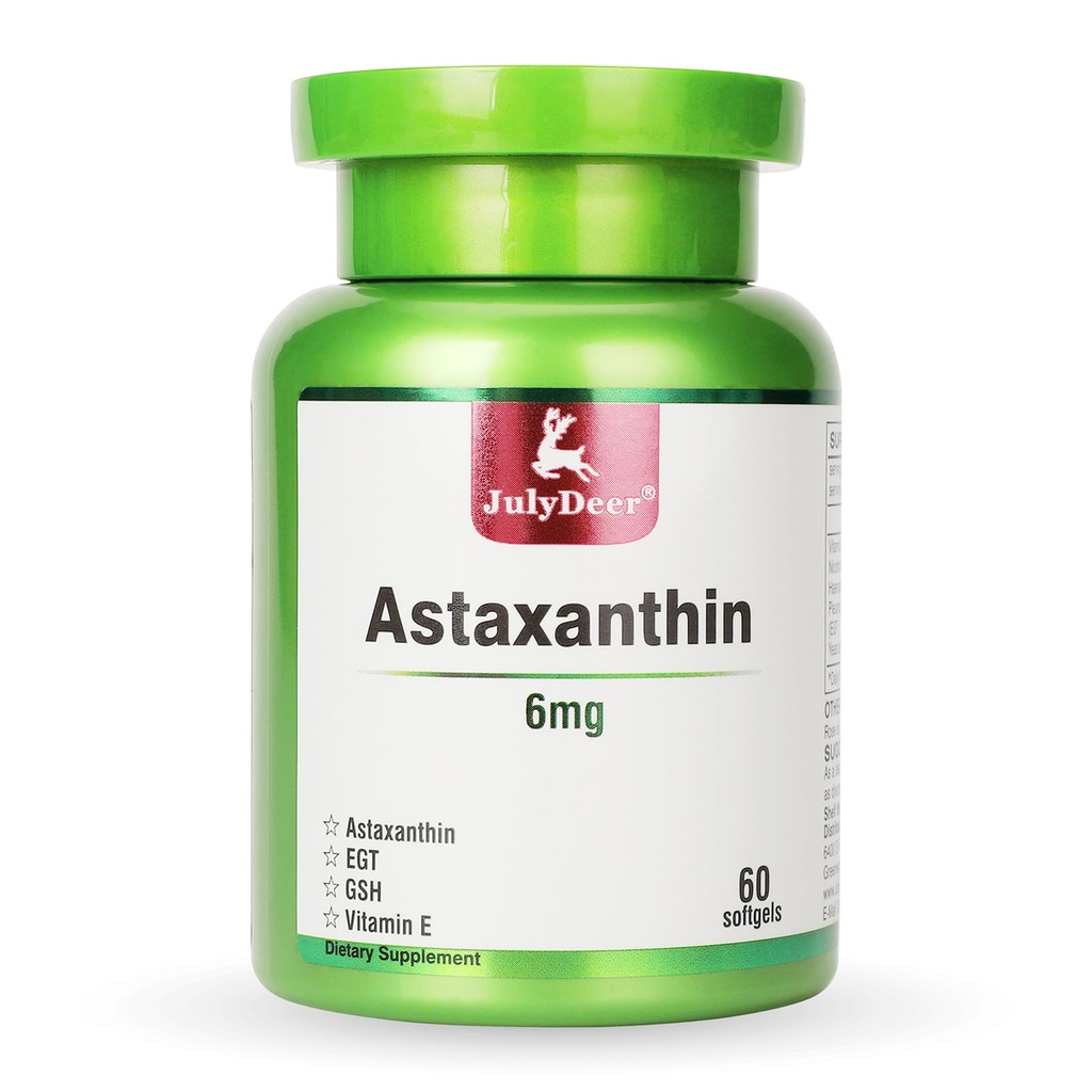 JulyDeer Astaxanthin 6 mg Per Serving, 60 Softgels – Double Strength Microalgae – Natural Haematococcus Pluvialis Source – Antioxidant Supplements for Skin, Eyes, Joints, & Immune Support – Non-GMO