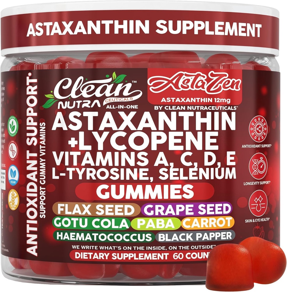 Nutracéuticos limpios AstaZen Astaxanthin Gummies 12mg - con Lycopene, Vitaminas A C D E, L-Tyrosine & Selenium - Antioxidant Support Gummies - 60 Condes