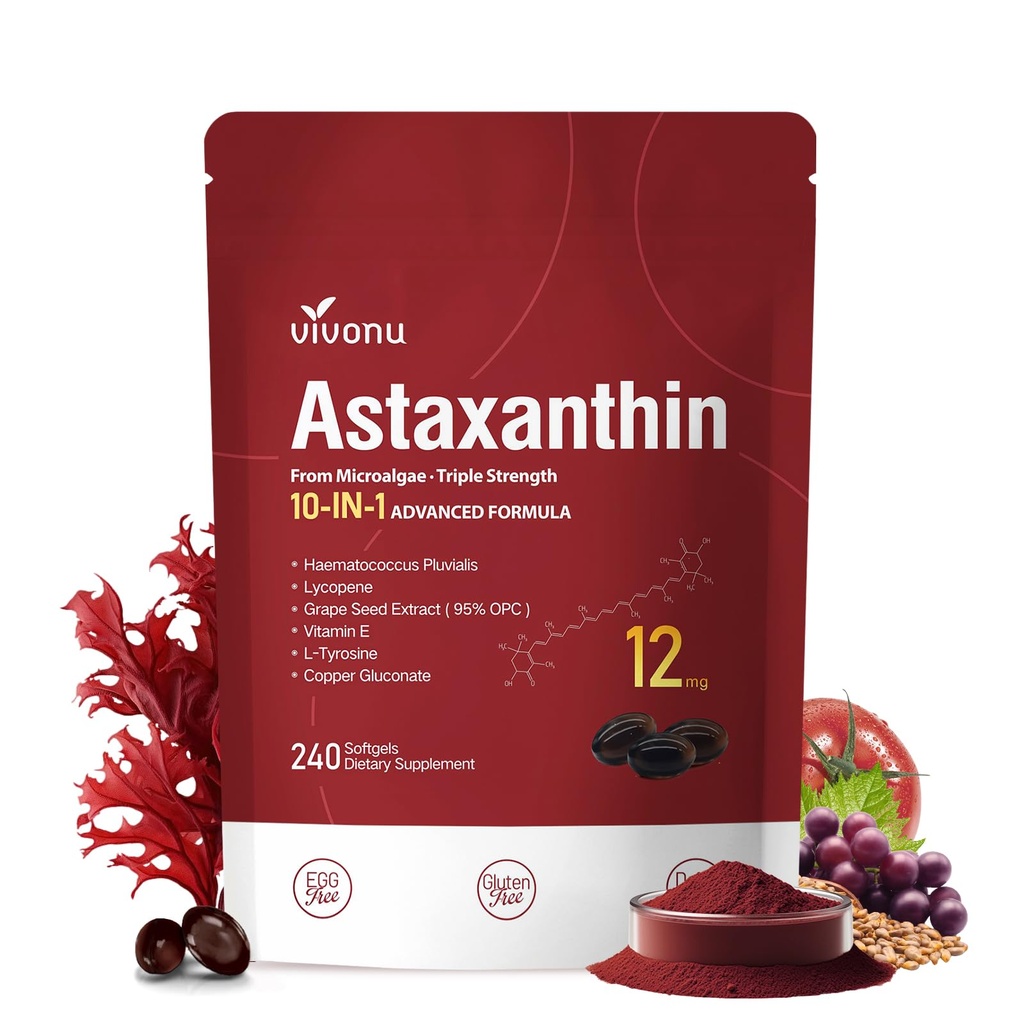 VivoNu Astaxanthin 12mg Suplementos, 240 Softgels, Fresh Haematococcus Pluvialis 10 en 1 Astaxanthin Antioxidant Suplementos, soporta Ojo, Esquía, Conjunto, Cerebro, Corazón Sistema Inmunitario Salud