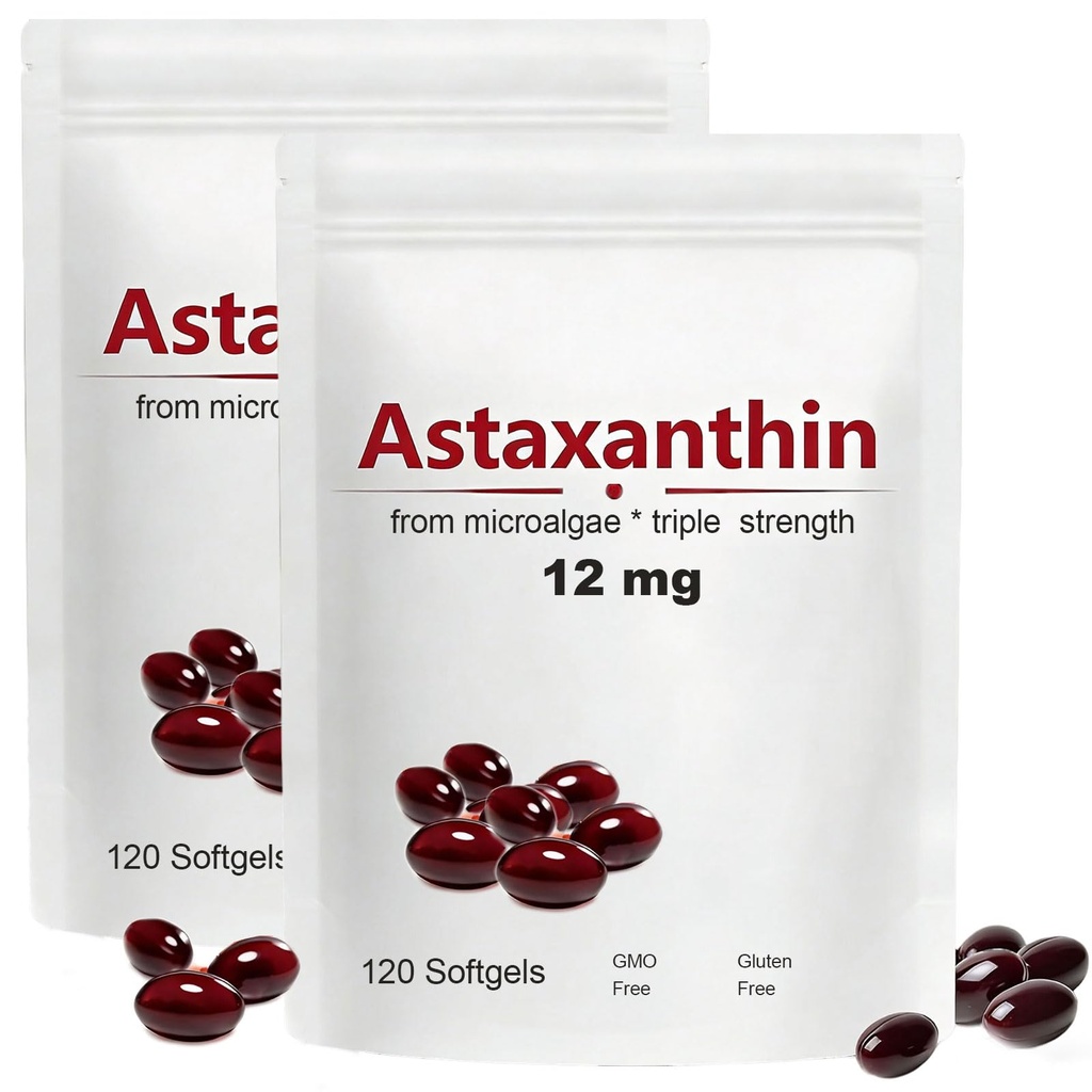 2pack Astaxanthin 12mg, 120 Softgels, Max Strength Antioxidant con aceite de coco, Fórmula natural, alta absorción para el soporte de piel de ojo, Fórmula natural, no GMO, Gluten Gratis