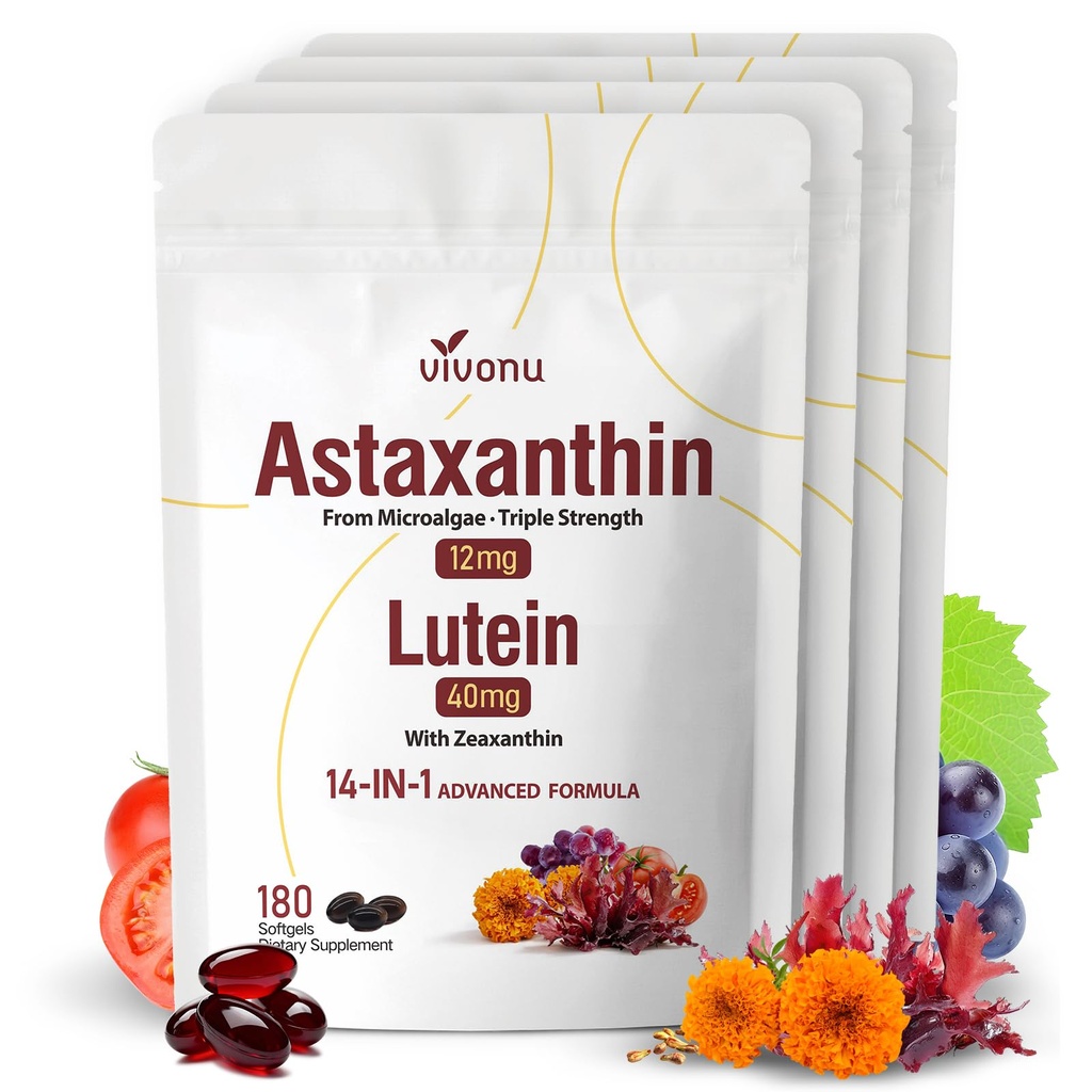14-in-1 Astaxanthin 12mg & Lutein 40mg with Zeaxanthin Supplements, 24 Month Supply, Fresh Microalgae Source, Supports Eye, Skin, Antioxidant, Joint, Circulatory Health, Non-GMO, Gluten Free, 4 Bag