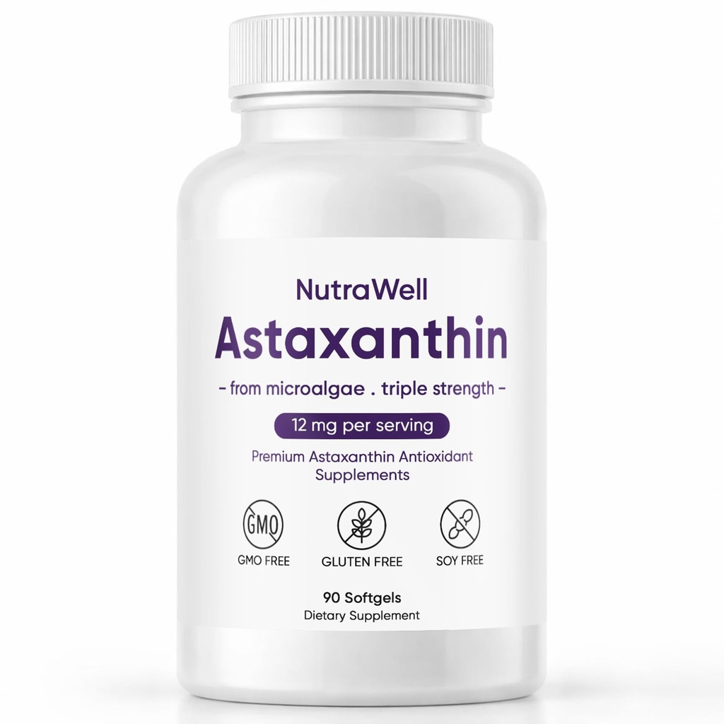 Nutrawell Astaxanthin - Daily Antioxidant Wellness Suplemento con naturalmente Fuente limpia de Astaxanthin para el estilo de vida activo de adultos Fácil de tomar cápsulas - 90 Softgels (1)