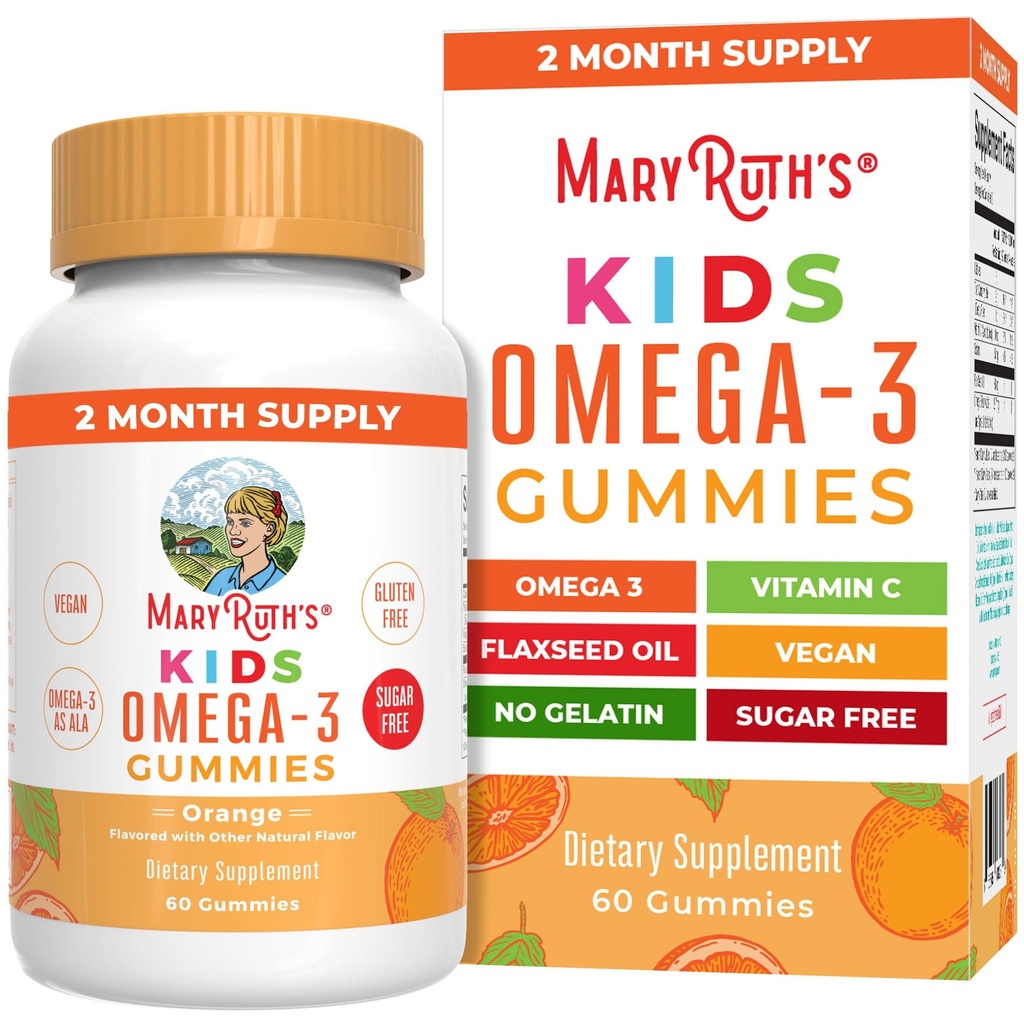 MARYRUTH'S Vegan Omega 3 Gummies for Kids 2+, 2 Month Supply, Sugar Free, Omega 3 Supplement with Vitamin C, Flaxseed Oil, Immune Support, Essential Nutrient ALA, No Fish Taste, 60 Count