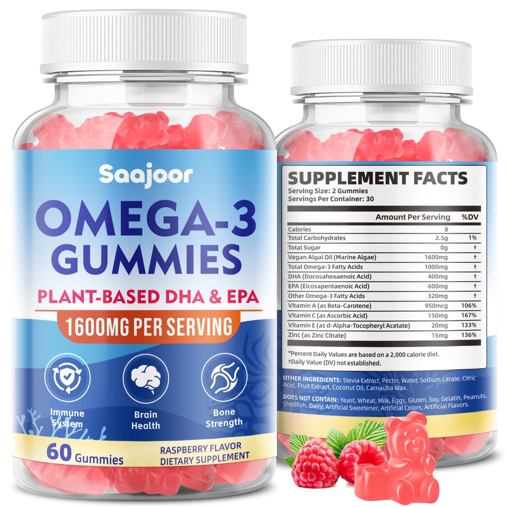 Vegan Omega-3 Gummies1000mg for Adults - Sugar Free Supplement with 400mg DHA & 600mg EPA, Vitamins A, C, E, and Zinc - 60 Count