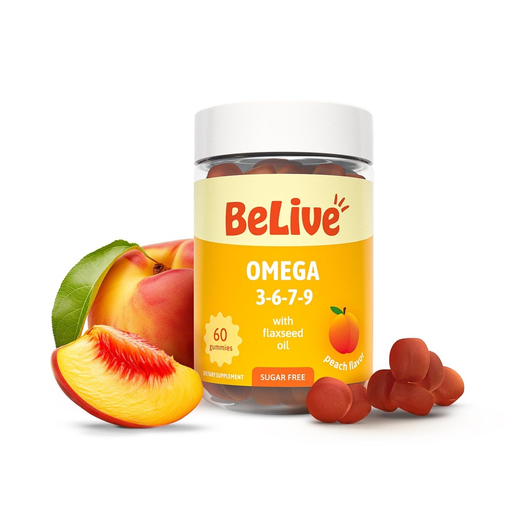 BeLive Organic Omega 3 Gummies - 60 Ct I Vegan Omegas 3 6 7 & 9 from Flaxseed Oil & Sea Buckthorn Fruit Oil, for Kids & Adults, Full Body, Brain & Eye Support, Sugar Free – Peach Flavor