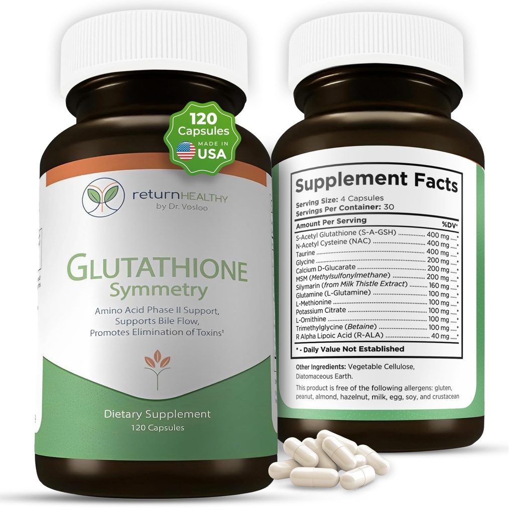 Glutathione Symmetry | S-Acetyl Glutathione Supplement | Antioxidants & Detoxification Supplement | Natural Cellular Support | All-Natural, Vegan, Non-GMO, 120 caps