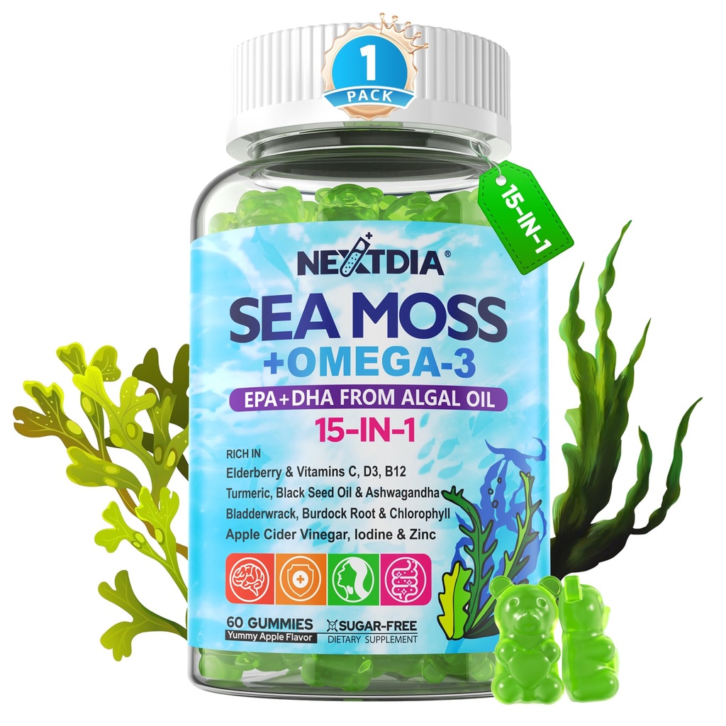 Sea Moss Gummies + Algae Omega-3 for Men Women, Sugar-Free Vegan 15-IN-1 Irish Seamoss Superfood with/EPA DHA, Vitamins B12 D3, Turmeric, Elderberry, Burdock Root, Support Energy, Brain, Immune 1 Pack