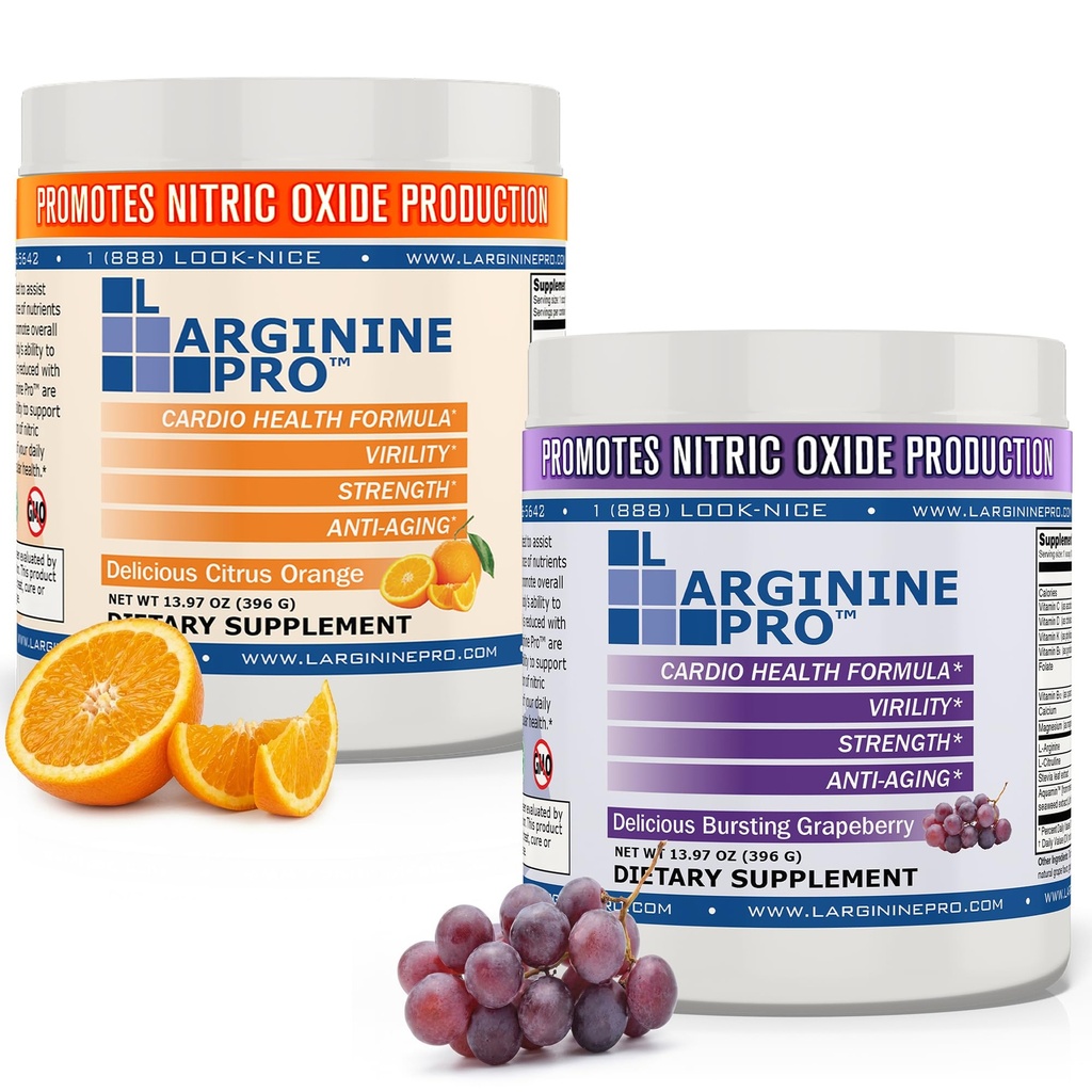 L-ARGININE PRO Silencioso 5,500mg L-Arginine Plus L-Citrulline 1,100mg Grape & Orange Powder Drink Mix Suplemento para la producción de óxido nítrico