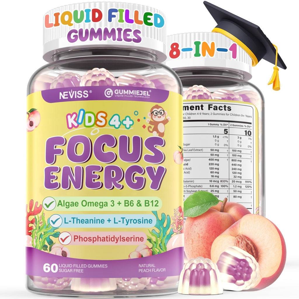 Kids Focus Gummies - Brain Supplements with Vegan Omega 3 DHA, Phosphatidylserine, L-Theanine, L-Tyrosine, Methylated B6 & B12 for Kids & Teen Support Attention, Memory, Nootropic, Sugar Free 60cts