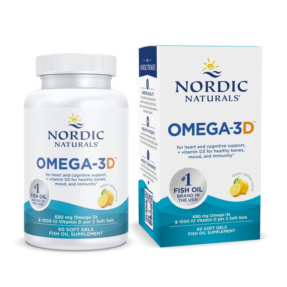 Naturales nórdicos Omega-3D, Sabor de limón - 60 geles blandos - 690 mg Omega-3 + 1000 UI Vitamina D3 - Aceite de pescado - EPA &amp; DHA - Apoyo inmunológico, Salud cerebral, Huesos saludables - No GMO - 30