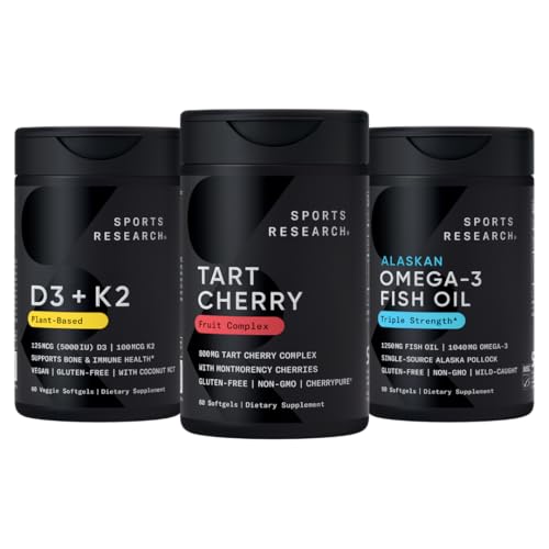 Sports Research® Multivitamin Pack w/CherryPure® Tart Cherry Fruit Complex 800mg, Vitamin D3 5000iu + K2 100mcg, and Alaskan Omega-3 Fish Oil 1250mg - Non-GMO · Sugar-Free · Gluten-Free