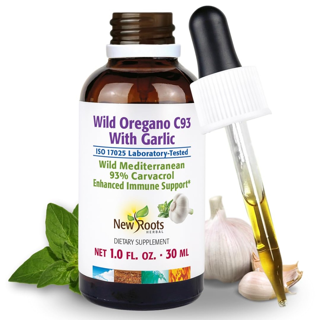 NEW ROOTS HERBAL Wild Oregano Oil Tintura con ajo (1 fl oz) Silencio 93% Carvacrol Oregano gotas de aceite, Immune mejorado Suplemento l Non GMO, Vegan, GMP Certified