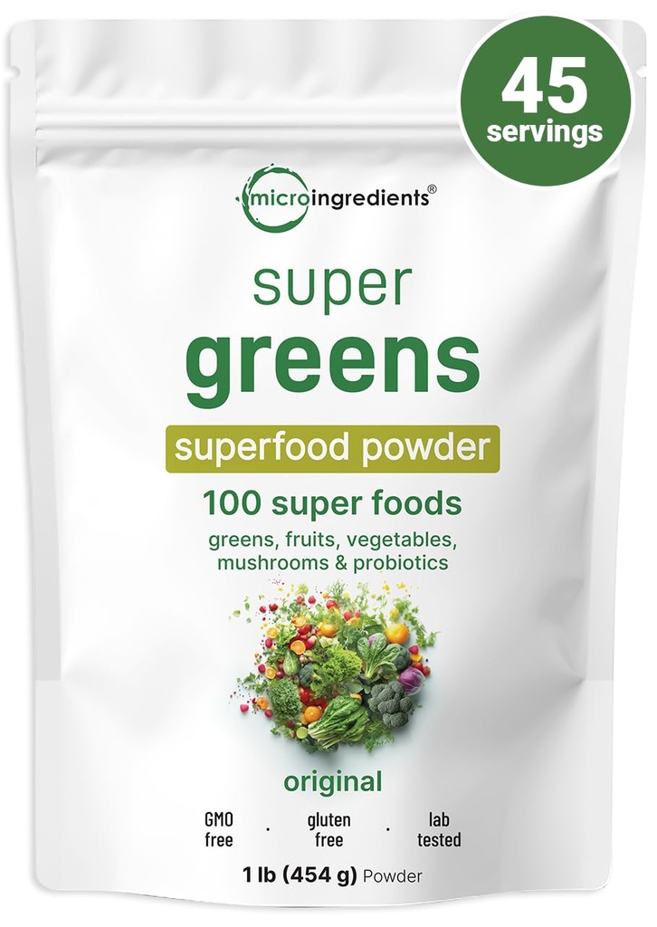 Micro Ingredientes Super Greens Powder, 1lb ← 100 Superfood Blend with Daily Greens, Fruits, Vegetables, Mushrooms & Probiotics ← Fuente de Vegan Protein " Enzymes ← Non-GMO, Gluten-Free, No Additives