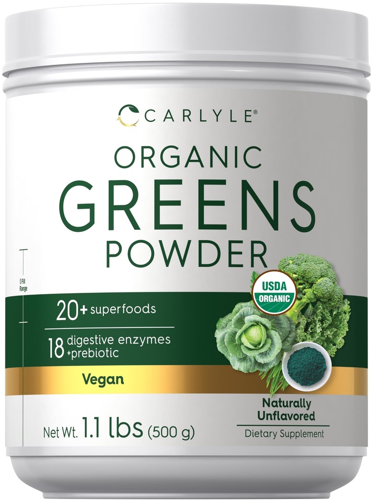 Carlyle Organic Greens Powder TEN 17.6 oz Suplemento TENIDO Reslieves Occasional Gas, incomodidad " Bloating TEN with 20+ Superfoods, 18 Digestive Enzymes, and Prebiotics TEN Vegan, Non-GMO and Gluten Free