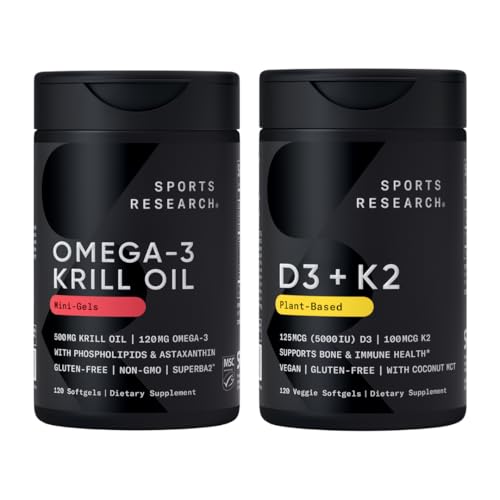 Sports Research® Multivitamin Pack - Omega-3 Krill Oil 500mg w/Choline, fosfolípidos " Astaxanthin and Vitamin K2 & Vegan D3 5000iu with Coconut MCT Oil - Non-GMO · Gluten Free