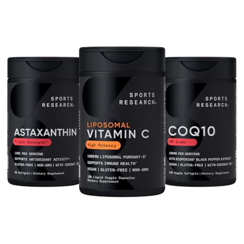 Sports Research® Antioxidant Support Pack - High Potency Liposomal Vitamina C Suplemento 1000mg + Coenzyme Q10 100mg + Triple Strength Astaxanthin 12mg w/Organic Coconut Oil