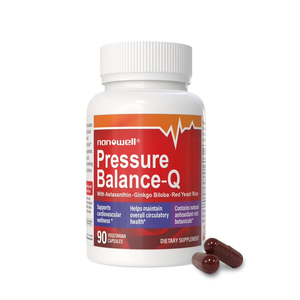 NANOWELL® Pressure Balance-Q TENIDO Fórmula Antioxidante con Astaxanthin natural no GMO 12 mg por cápsula, Ginkgo Biloba, Policosanol, arroz de levadura roja y extracto Rosemario.