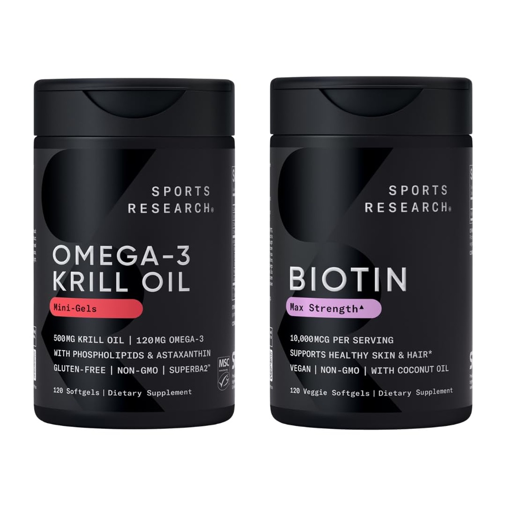 Sports Research® Glow and Flow Pack - Omega-3 Krill Oil 500mg - Pure Antarctic Superba Krill with Phospholipids, Choline & Astaxanthin & Biotin 10,000mcg with Organic Coconut Oil (Vitamin B7)