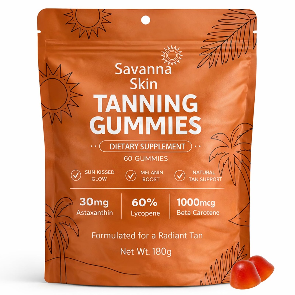 Savanna Skin Tanning Gummies, con vitamina C &amp; E, Astaxanthin, Beta Caroteno, Radiancia de la piel " Hidratación para el flujo de aspecto natural, Bronzing, No GMO, Vegan " Sugar Gratis - 60 Conteo (1)